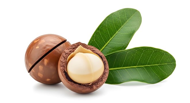 Whole and cracked macadamia nuts with green leaves on white background.