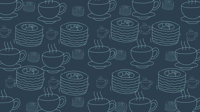 Food doodle pattern of coffee cups and swiss rolls for playful designs. Perfect for caf menus, packaging, and kitchen decor.
