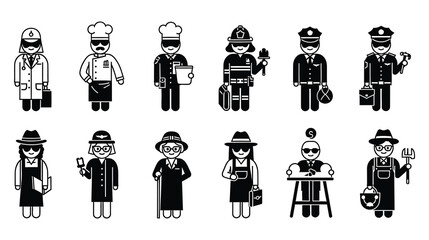 A diverse group of cartoon professionals in various occupations and attire