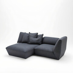 Naklejka premium Modular charcoal grey sectional sofa with multiple cushions on a white background, modern abstract furniture design