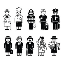 A diverse group of cartoon professionals in various occupations and uniforms