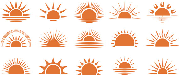 Sunrise sunset sun icon set, abstract solar symbol collection, vector illustration, minimalist orange logo design, isolated graphics pack bundle template