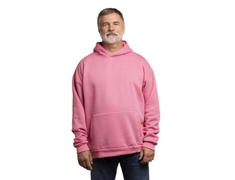 Caucasian smiling bearded mature man wearing pink hoodie on transparent background. Standing indoors
