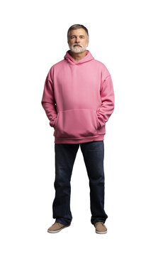Caucasian smiling bearded mature man wearing pink hoodie on transparent background. Standing indoors