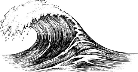Vintage Engraving Style of a Powerful Ocean Wave Breaking with White Foam water surf © AbdullaAlMamun