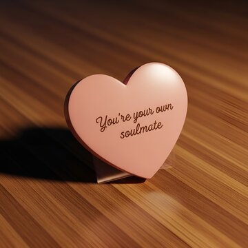 Pink heartshaped object with inspirational message on wooden surface for selflove concept