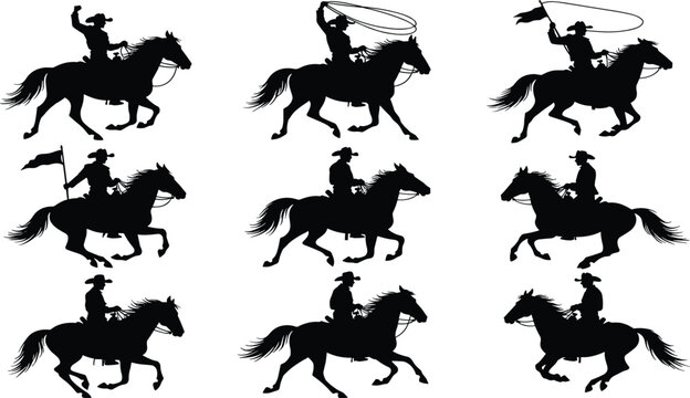 Cowboy silhouettes set riding horses with lasso and flags, wild west rodeo action poses for cad drawing flat vector illustration, western elements