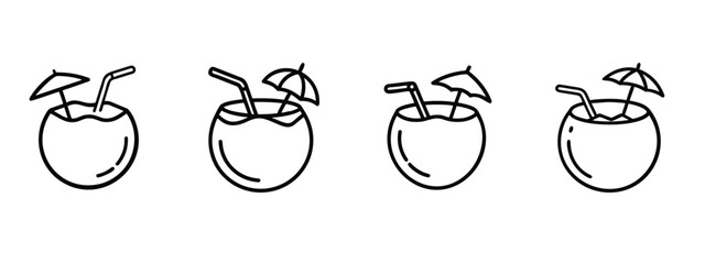 Naklejka premium Coconut water drink outline icon set featuring fresh tropical fruit juice with straw and cocktail umbrella for summer beach refreshment vector illustration editable stroke
