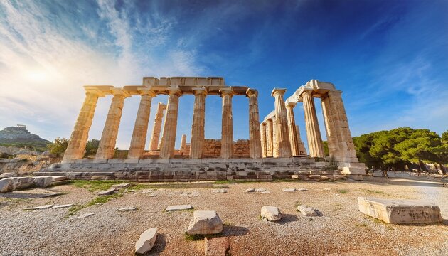ancient columns of hellenic time with a blue sky shoot wide angle