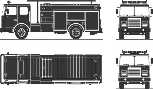 Fire truck blueprint with side elevation and top view, emergency rescue vehicle design, cad drawing flat vector illustration of a professional fire engine