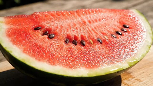 Fresh watermelon slice glistening in sunlight on wooden surface