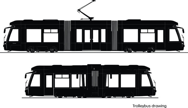 Trolleybus blueprint with side elevation and articulated bus design, electric public transport vehicle, cad drawing flat vector illustration of modern urban tram transit