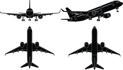 Commercial airplane blueprint with top side and front elevation views, passenger jet aircraft design, cad drawing flat vector illustration of modern aviation transport © Ringkon