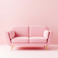 Naklejka premium Inviting pink sofa with a modern design and comfortable seating, placed on a clean pink studio floor with a complementary soft pink wall.