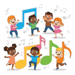 A group of happy children dancing with colorful musical notes