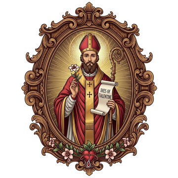 A bearded saintly man in red bishop's robes holds a white lily and a scroll, framed by an ornate golden oval. A halo radiates behind him.