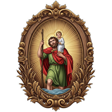A bearded man with a staff carries a child on his shoulders through water. Both figures have halos and are framed by an ornate oval with radiant light and cattails.