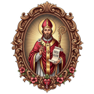 Bearded saint in red and gold vestments, holding a lily and 'Paren Valentine' scroll. Ornate golden oval frame surrounds him, with halo, sunburst, flowers, and heart.