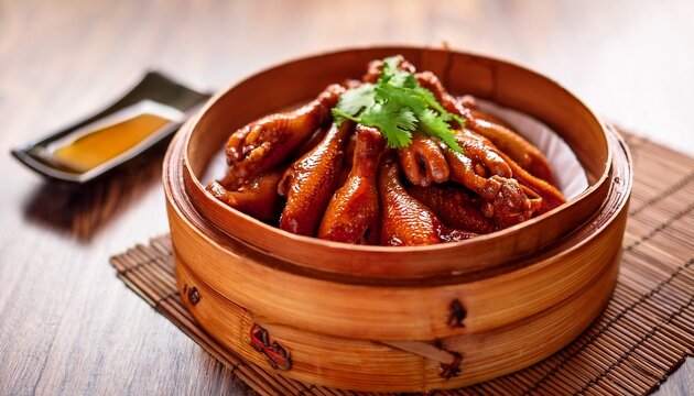 close up braised sichuan chicken feet served in wooden basket chinese dim sum