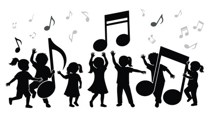 A group of happy children dancing and playing music together in harmony