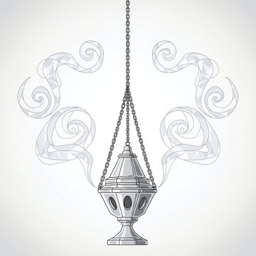 A stylized silver-grey censer hangs from chains, emitting ornate grey smoke patterns on a light background. This metallic thurible is depicted as a traditional vessel.