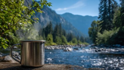 Naklejka premium Tranquil Coffee by the River: A steaming metal mug sits peacefully on a wooden surface, offering a moment of quiet contemplation with a breathtaking river landscape. 