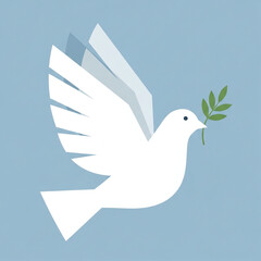 Obraz premium A white dove flies rightward, holding a green olive branch in its beak. Its wings display a layered motion effect against a plain light blue background.