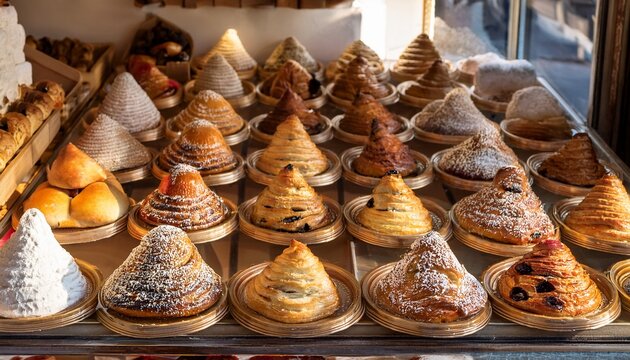 display shelf of sweet typical pastry at alberobello italy