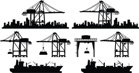 Black vector silhouette set of industrial harbor cranes cargo container ships and city skylines for global shipping trade logistics and maritime port branding © MostArjuma