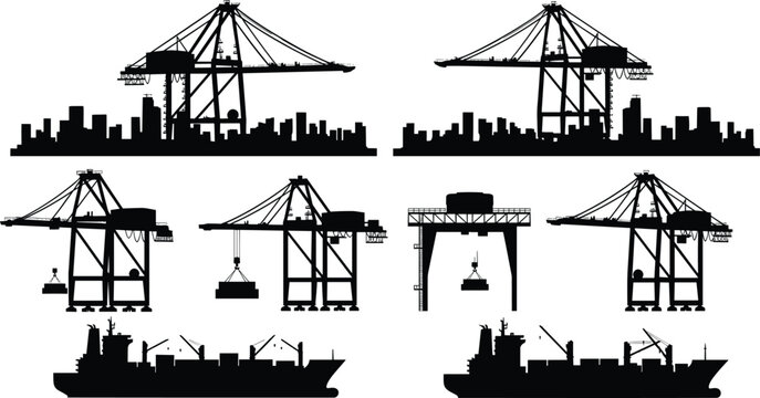 Black vector silhouette set of industrial harbor cranes cargo container ships and city skylines for global shipping trade logistics and maritime port branding