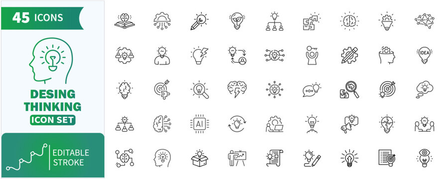 Design Thinking web Line Icons Set .creative process, ideation, innovation,diagram,solution, inspiration, prototype, mindset, graphic Collection. Editable Stroke. Vector Illustration.