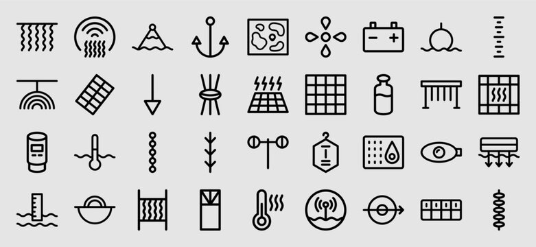Marine engineering and offshore sensor monoline icons featuring underwater telemetry, oceanographic data collection, and maritime surveillance equipment.