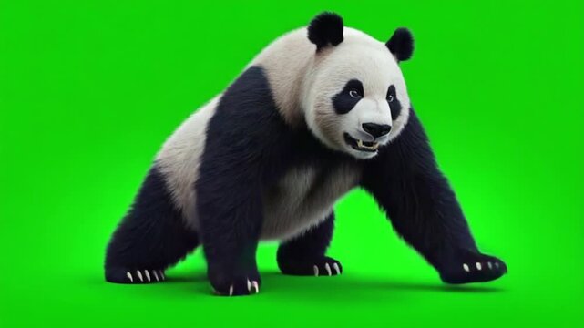 Giant panda walking on green screen with open mouth