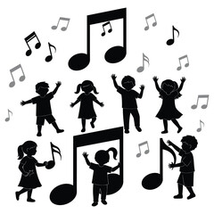A group of happy children dancing and playing with musical notes