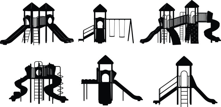 Collection of Children Playground Equipment Silhouettes Including Slides Swings Towers and Climbing Structures Vector Illustration Set Isolated on White Background