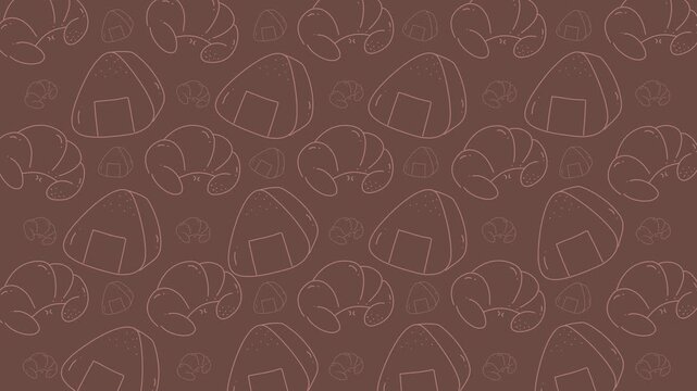Food doodle with outlined croissants and onigiri on a brown background, suitable for menu design or foodrelated projects. Cheerful and playful design.