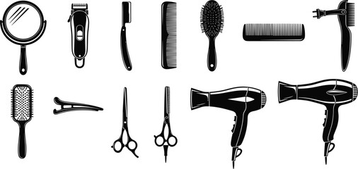 Fototapeta premium Hair Salon Tools Silhouettes Collection Including Comb Scissors Mirror Razor Brush and Hair Dryer Vector Illustration Set Isolated on White Background