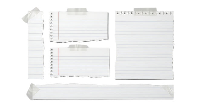 Collection of torn notebook paper sheets with adhesive tabs