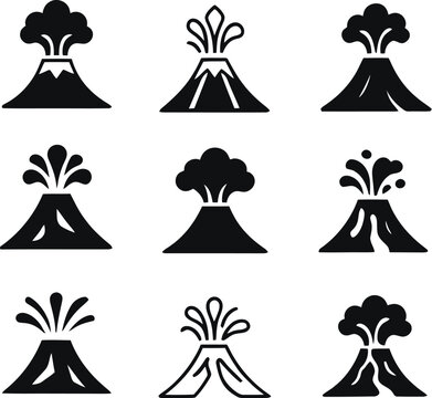 Volcano Emblem Icon set. Volcanic eruption icon set. erupting volcano icon set. harmonious logo variations of the same emblematic, Vector illustration !