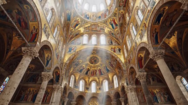 Ornate cathedral interior with frescoes and arches.