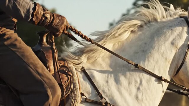 Equestrian elegance: Close-up of a rider holding reins on a graceful white horse, capturing the