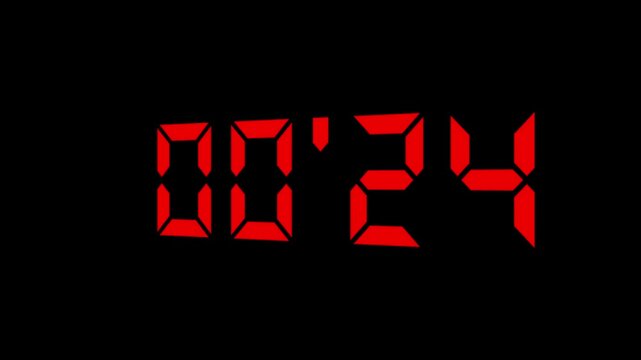 4K Explosive Bomb Timer Countdown Sci Fi Design animation of red timecode led/LCD digits on black background with shallow DOF. shot clock countdown from 30 to 0. Glowing LED digits with afterglow.
