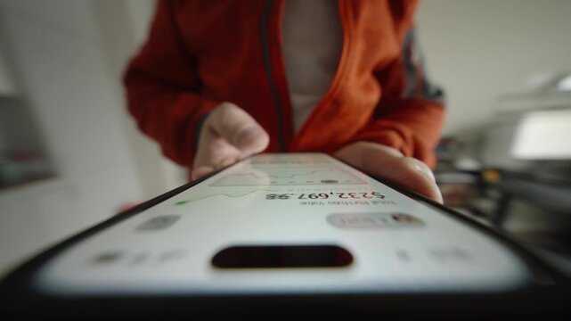 Close-up wide angle male hand holding smartphone. Man using mobile phone at home. Financial app showing portfolio growth and rising chart. Camera locked at device screen, rotating parallax effect