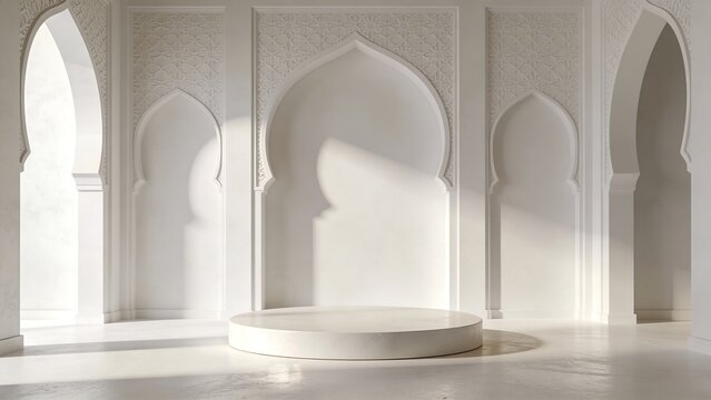 Luxurious white islamic hall with ornate carved patterns and marble podium for high end presentation