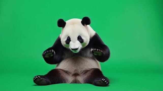 Adorable panda bear sitting on green background looking cute