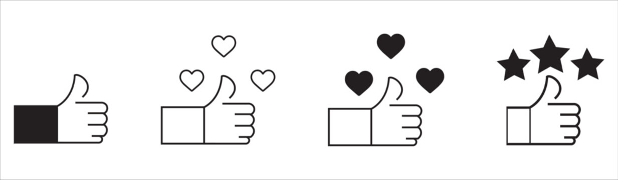 Thumbs up icons with hearts and stars ratings
