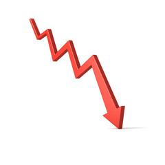 3d red arrow graph pointing down or business problem sign concepts isolated on white background with shadow 3D rendering