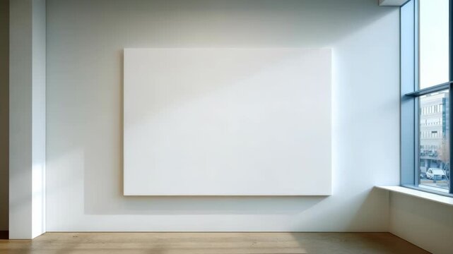 Large blank white canvas in modern sunlit gallery setting.
