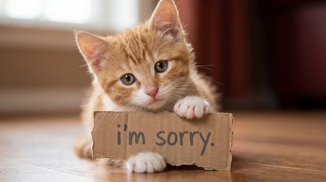 「I'm sorry.」と書かれた段ボールを持つ茶トラの子猫