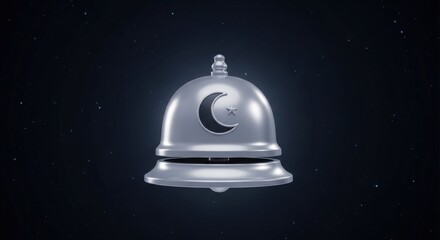 A silver bell with a crescent moon on the front